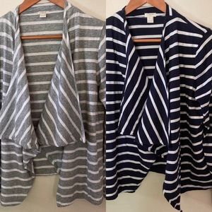 Two J. Crew striped  cardigans Size L - gray white / navy white -100% cotton